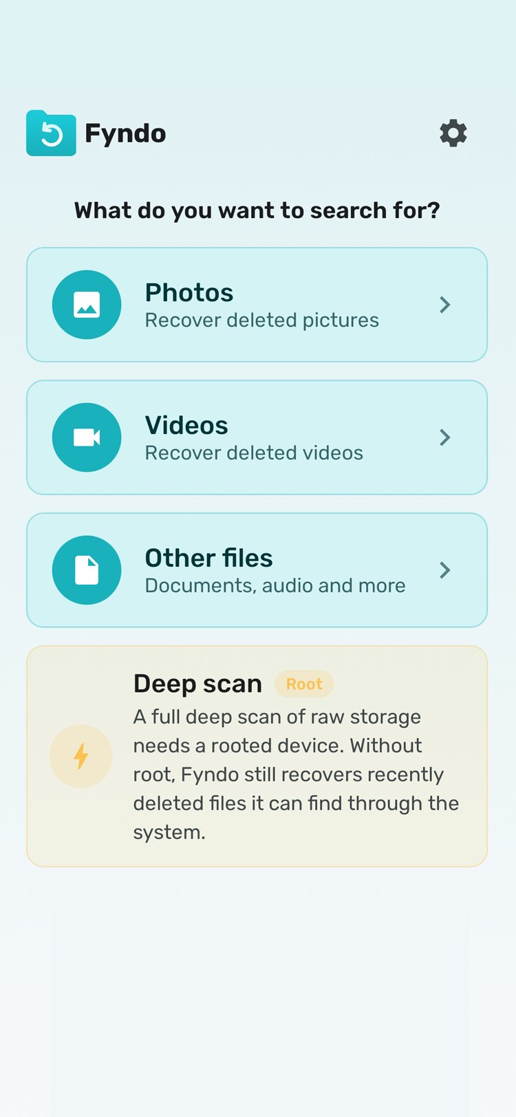 Fyndo activity dashboard — lifetime recovery stats by file type